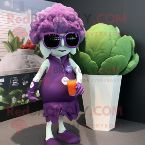 Purple Cauliflower mascot costume character dressed with a Cocktail Dress and Sunglasses