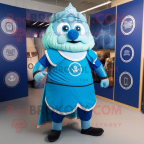 Blue Celtic Shield mascot costume character dressed with a Maxi Skirt and Shoe laces
