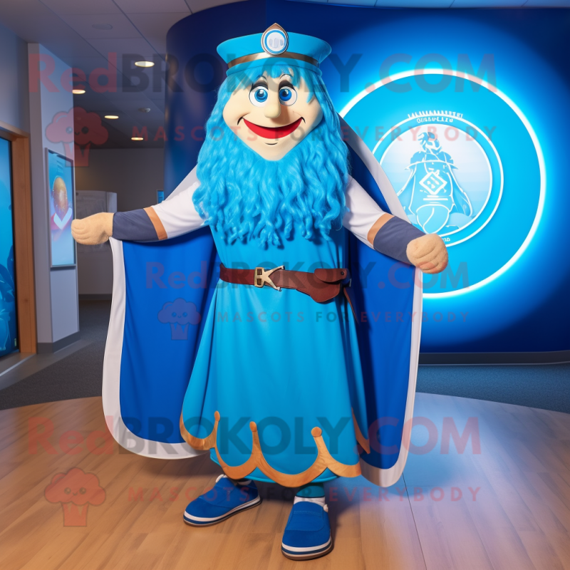 Blue Celtic Shield mascot costume character dressed with a Maxi Skirt and Shoe laces Blue Celtic Shield mascot costume character dressed with a Maxi Skirt and Shoe laces