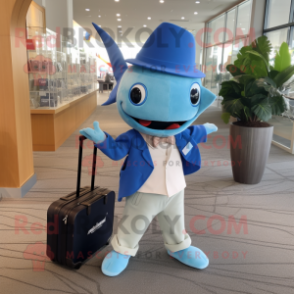 Blue Swordfish mascot costume character dressed with a Culottes and Briefcases