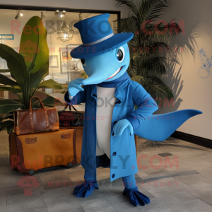 Blue Swordfish mascot costume character dressed with a Culottes and Briefcases