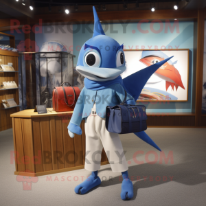 Blue Swordfish mascot costume character dressed with a Culottes and Briefcases