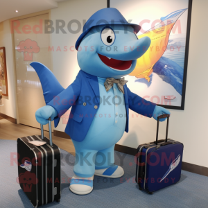 Blue Swordfish mascot costume character dressed with a Culottes and Briefcases