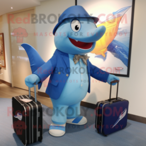 Blue Swordfish mascot costume character dressed with a Culottes and Briefcases