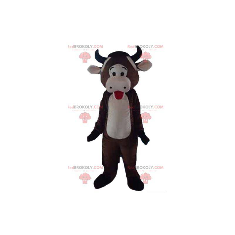 Mascot bruine koe en reus en roze aanraken - Redbrokoly.com