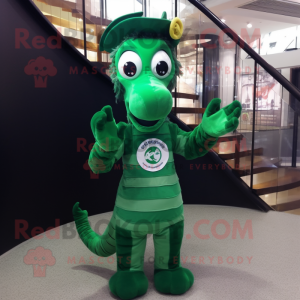Forest Green Sea Horse mascot costume character dressed with a Shorts and Rings