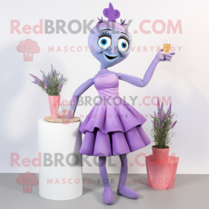 Lavender Acrobat mascot costume character dressed with a Cocktail Dress and Hairpins