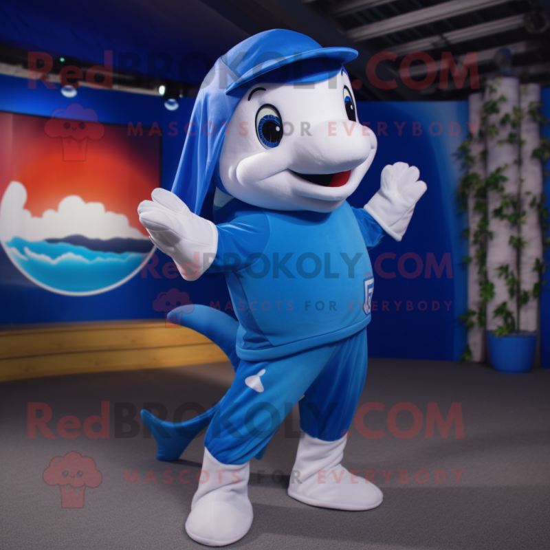 Blue Dolphin mascot costume character dressed with a Trousers and Headbands Blue Dolphin mascot costume character dressed with a Trousers and Headbands