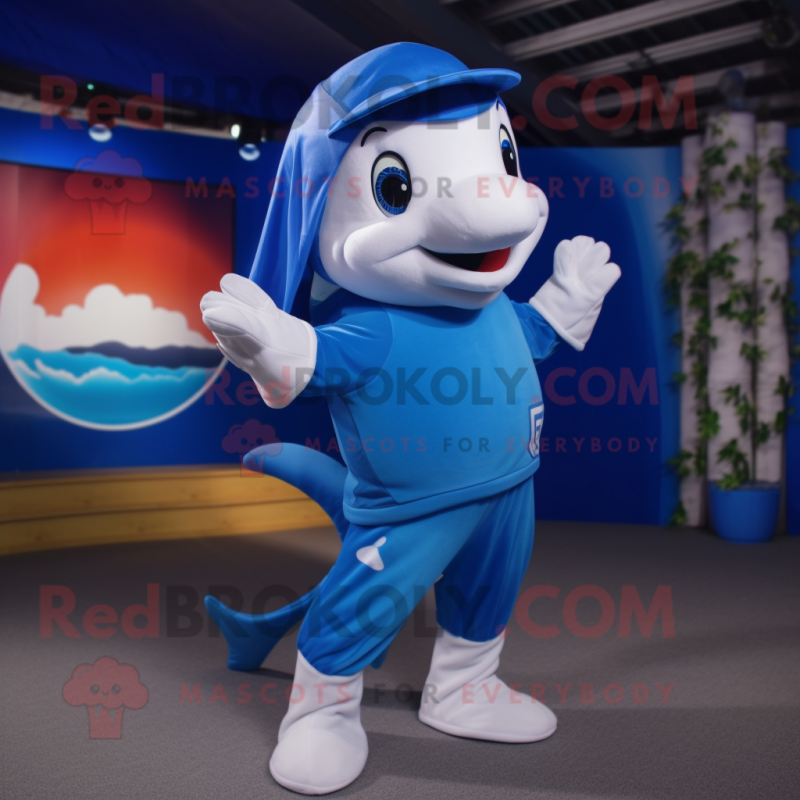 Blue Dolphin mascot costume character dressed with a Trousers and Headbands