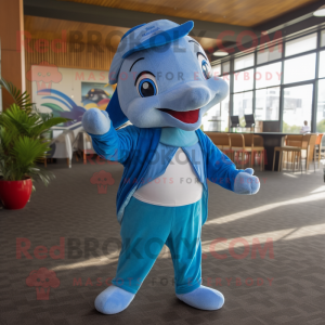 Blue Dolphin mascot costume character dressed with a Trousers and Headbands