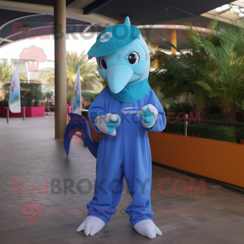 Blue Dolphin mascot costume character dressed with a Trousers and Headbands