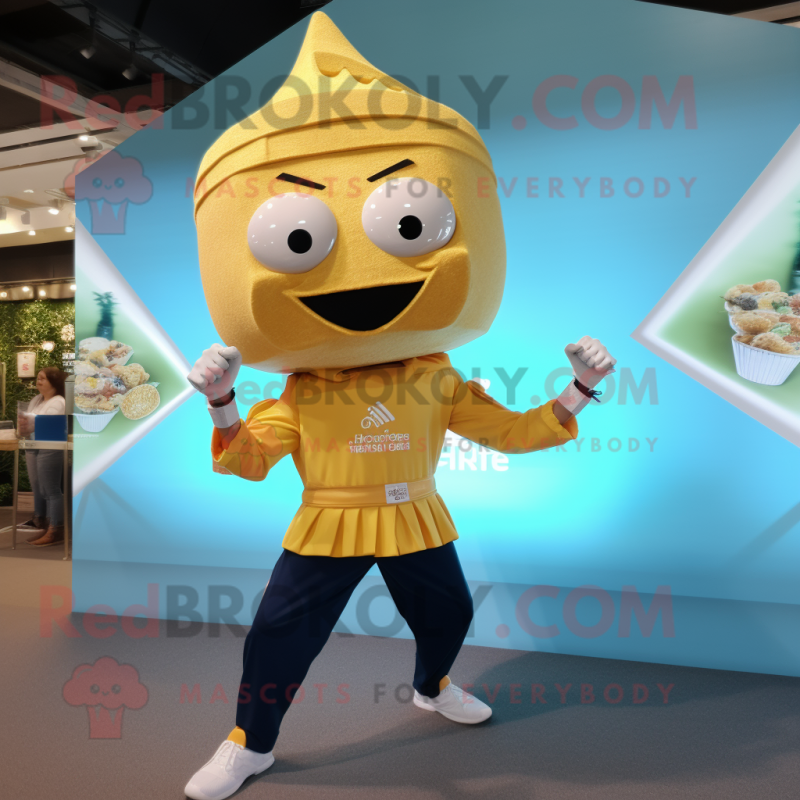 Gold Pad Thai mascot costume character dressed with a Capri Pants and Smartwatches Gold Pad Thai mascot costume character dressed with a Capri Pants and Smartwatches
