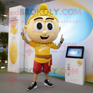 Gold Pad Thai mascot costume character dressed with a Capri Pants and Smartwatches