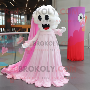 Pink Ghost mascot costume character dressed with a Wedding Dress and Hair clips