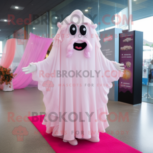 Pink Ghost mascot costume character dressed with a Wedding Dress and Hair clips