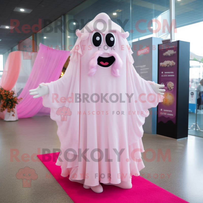 Pink Ghost mascot costume character dressed with a Wedding Dress and Hair clips Pink Ghost mascot costume character dressed with a Wedding Dress and Hair clips