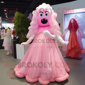 Pink Ghost mascot costume character dressed with a Wedding Dress and Hair clips