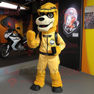 Yellow Camel mascot costume character dressed with a Moto Jacket and Caps