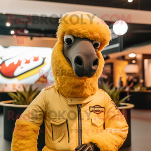 Yellow Camel mascot costume character dressed with a Moto Jacket and Caps