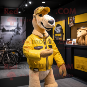 Yellow Camel mascot costume character dressed with a Moto Jacket and Caps