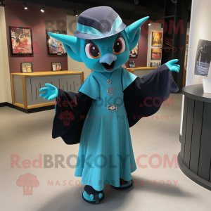 Teal Bat mascot costume character dressed with a A-Line Dress and Caps