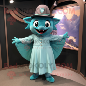 Teal Bat mascot costume character dressed with a A-Line Dress and Caps