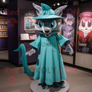 Teal Bat mascot costume character dressed with a A-Line Dress and Caps