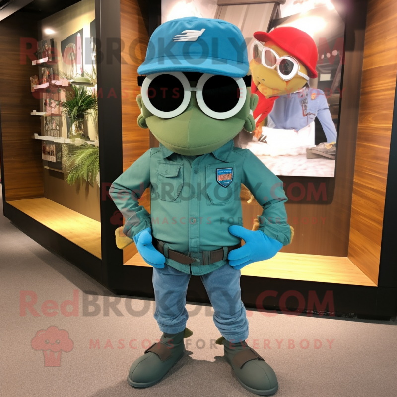 Teal Commando mascot costume character dressed with a Jeans and Eyeglasses