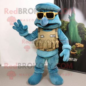 Teal Commando mascot costume character dressed with a Jeans and Eyeglasses