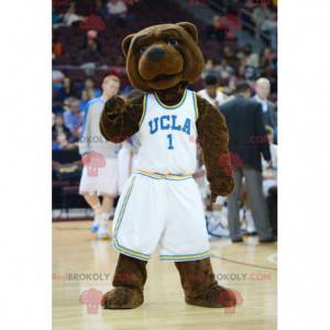 Brown teddy bear mascot in white sportswear - Redbrokoly.com