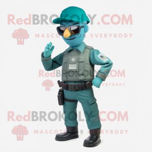 Teal Commando mascot costume character dressed with a Jeans and Eyeglasses