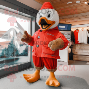 Red Goose mascot costume character dressed with a Corduroy Pants and Mittens