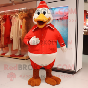 Red Goose mascot costume character dressed with a Corduroy Pants and Mittens