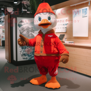 Red Goose mascot costume character dressed with a Corduroy Pants and Mittens
