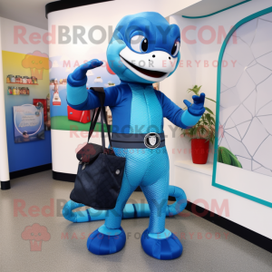Blue Snake mascot costume character dressed with a Rash Guard and Handbags