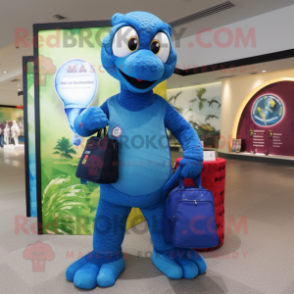 Blue Snake mascot costume character dressed with a Rash Guard and Handbags