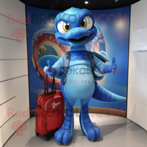 Blue Snake mascot costume character dressed with a Rash Guard and Handbags