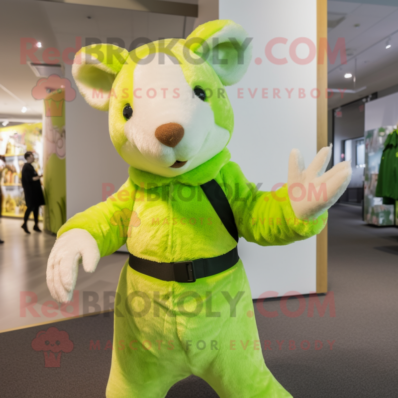 Lime Green Ermine mascot costume character dressed with a Corduroy Pants and Gloves