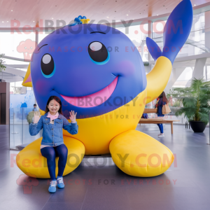 Yellow Blue Whale mascot costume character dressed with a Flare Jeans and Hair clips