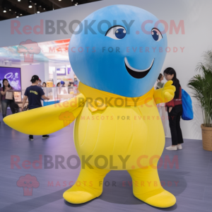 Yellow Blue Whale mascot costume character dressed with a Flare Jeans and Hair clips