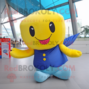 Yellow Blue Whale mascot costume character dressed with a Flare Jeans and Hair clips