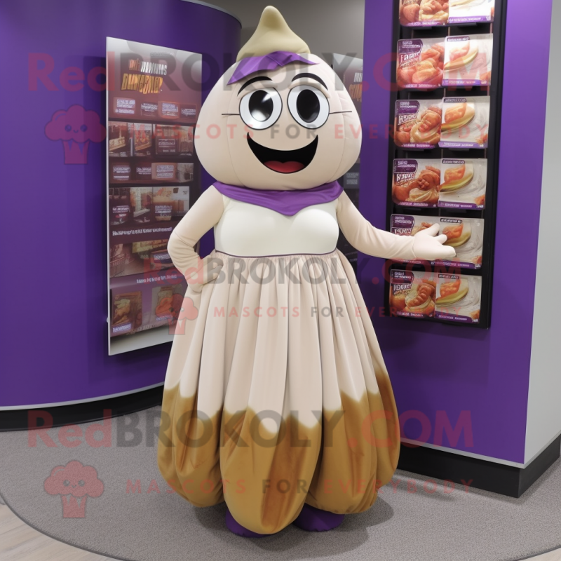 Beige Eggplant mascot costume character dressed with a Pleated Skirt and Coin purses