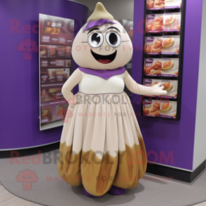 Beige Eggplant mascot costume character dressed with a Pleated Skirt and Coin purses