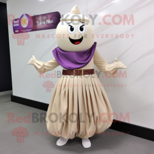 Beige Eggplant mascot costume character dressed with a Pleated Skirt and Coin purses