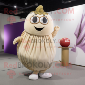 Beige Eggplant mascot costume character dressed with a Pleated Skirt and Coin purses