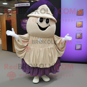 Beige Eggplant mascot costume character dressed with a Pleated Skirt and Coin purses