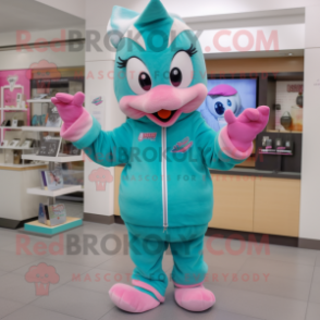 Teal Pink mascot costume character dressed with a Hoodie and Keychains