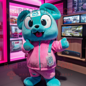 Teal Pink mascot costume character dressed with a Hoodie and Keychains