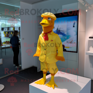 Yellow Muscovy Duck mascot costume character dressed with a One-Piece Swimsuit and Pocket squares