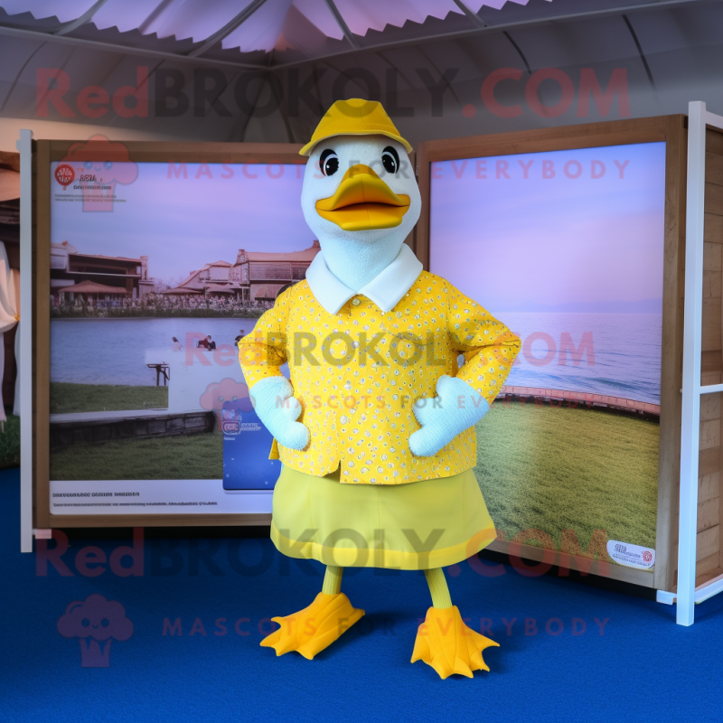 Yellow Muscovy Duck mascot costume character dressed with a One-Piece Swimsuit and Pocket squares Yellow Muscovy Duck mascot costume character dressed with a One-Piece Swimsuit and Pocket squares